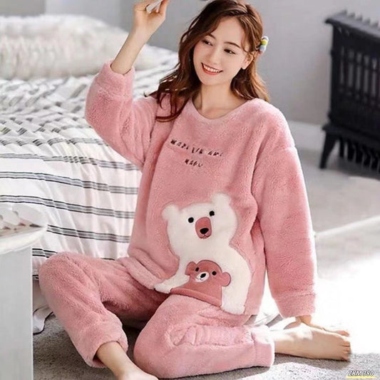 Women Print Warm Flannel Women Pyjamas Sets Thin Coral Velvet Long Sleeve Sleepwear Pajamas Set Fall Winter