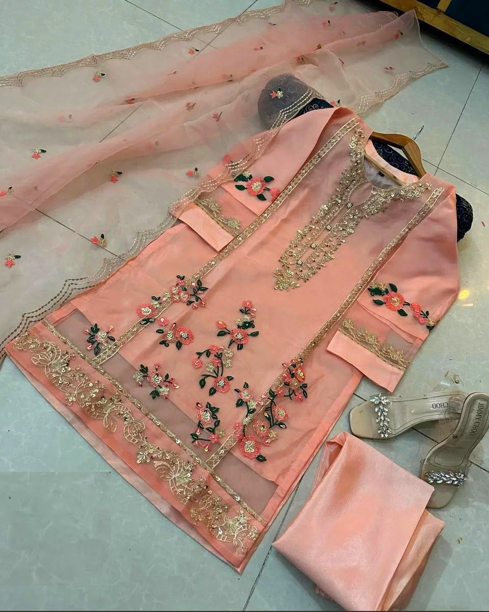 Col, manches et broderie de fleurs Daman avec broderie coupée Dupatta 3 pièces