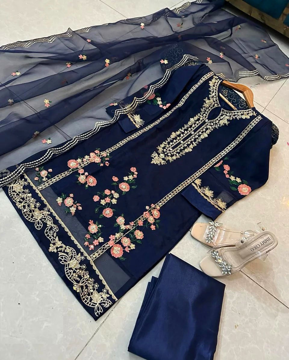 Col, manches et broderie de fleurs Daman avec broderie coupée Dupatta 3 pièces